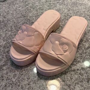 Valentino Light Pink Floral Appliqué Slide Sandals
